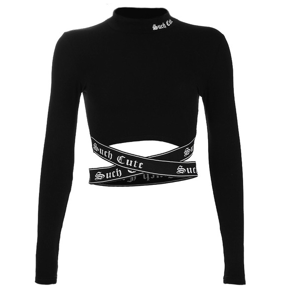 Tops - Long sleeve crop top bandage black t-shirt